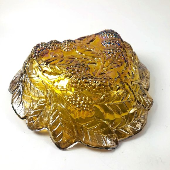 Vintage Indiana Loganberry Carnival Glass Bowl Marigold Amber Leaves Candy Dish - Picture 3 of 5